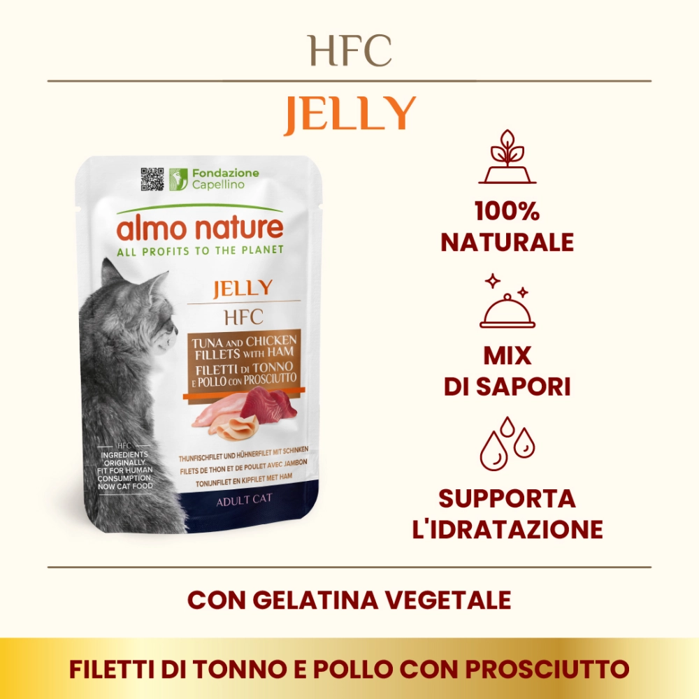Almo NatureAlmo Nature HFC Jelly al tonno, pollo e prosciutto