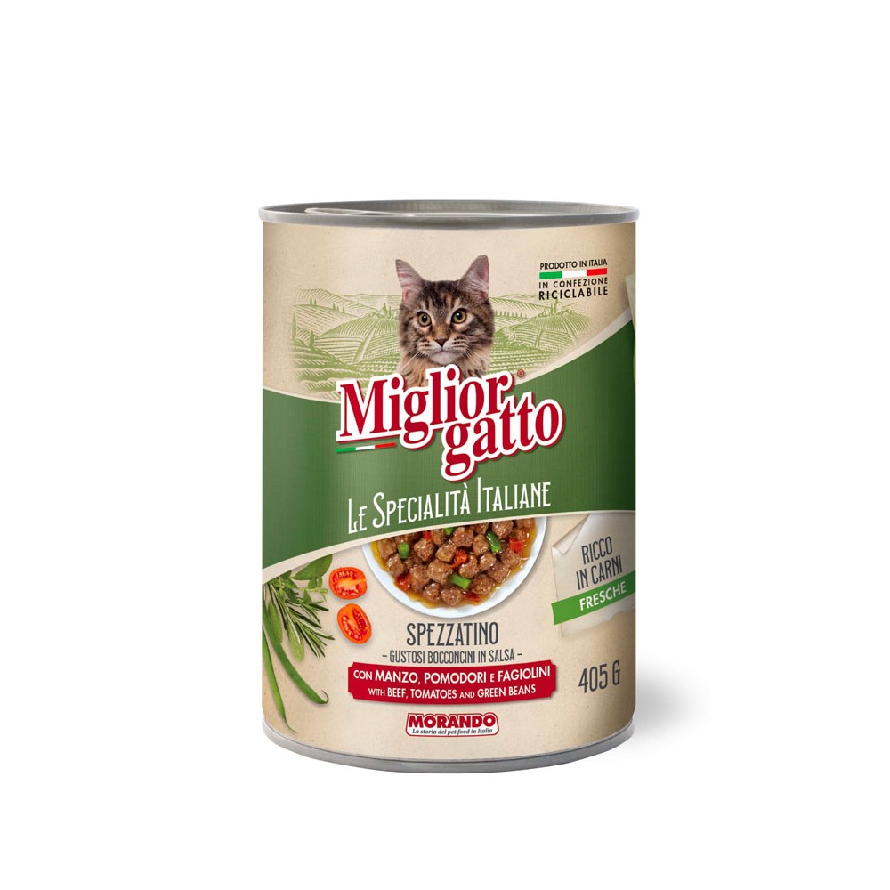 Morando Miglior Gatto Le Specialità Italiane Spezzatino Bocconcini in Salsa con Manzo, Pomodori e Fagiolini in Lattina