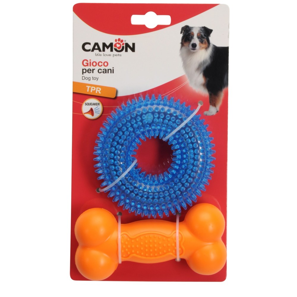 Camon Kit Anello e Osso in TPR con Squeaker per Cani
