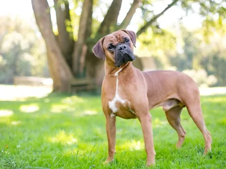 Un esemplare di Boxer robusto e atletico in posa naturale
